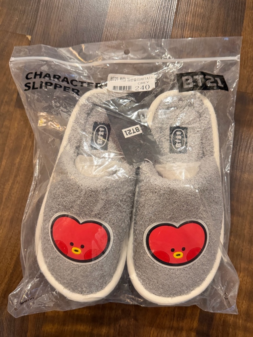 BT21 TATA Grey Plush Slippers with Red Heart Character BTS